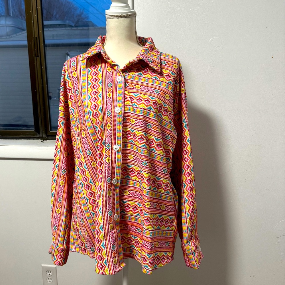 Savanna Jane Rhinestone Trimmed Collar Retro
Fun Geometric Colorful Jacket Sz 1x